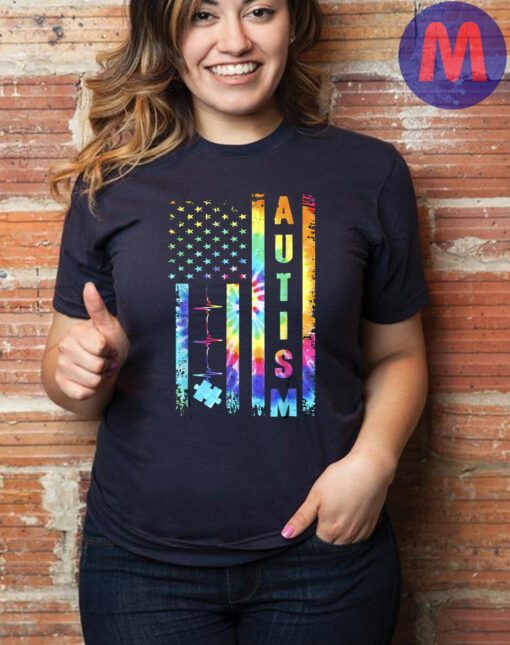 American Flag Autism Awareness Teacher Mom Support Tie Dye T-Shirt