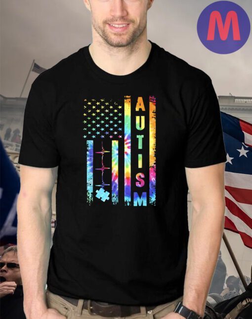 American Flag Autism Awareness Teacher Mom Support Tie Dye T-Shirts