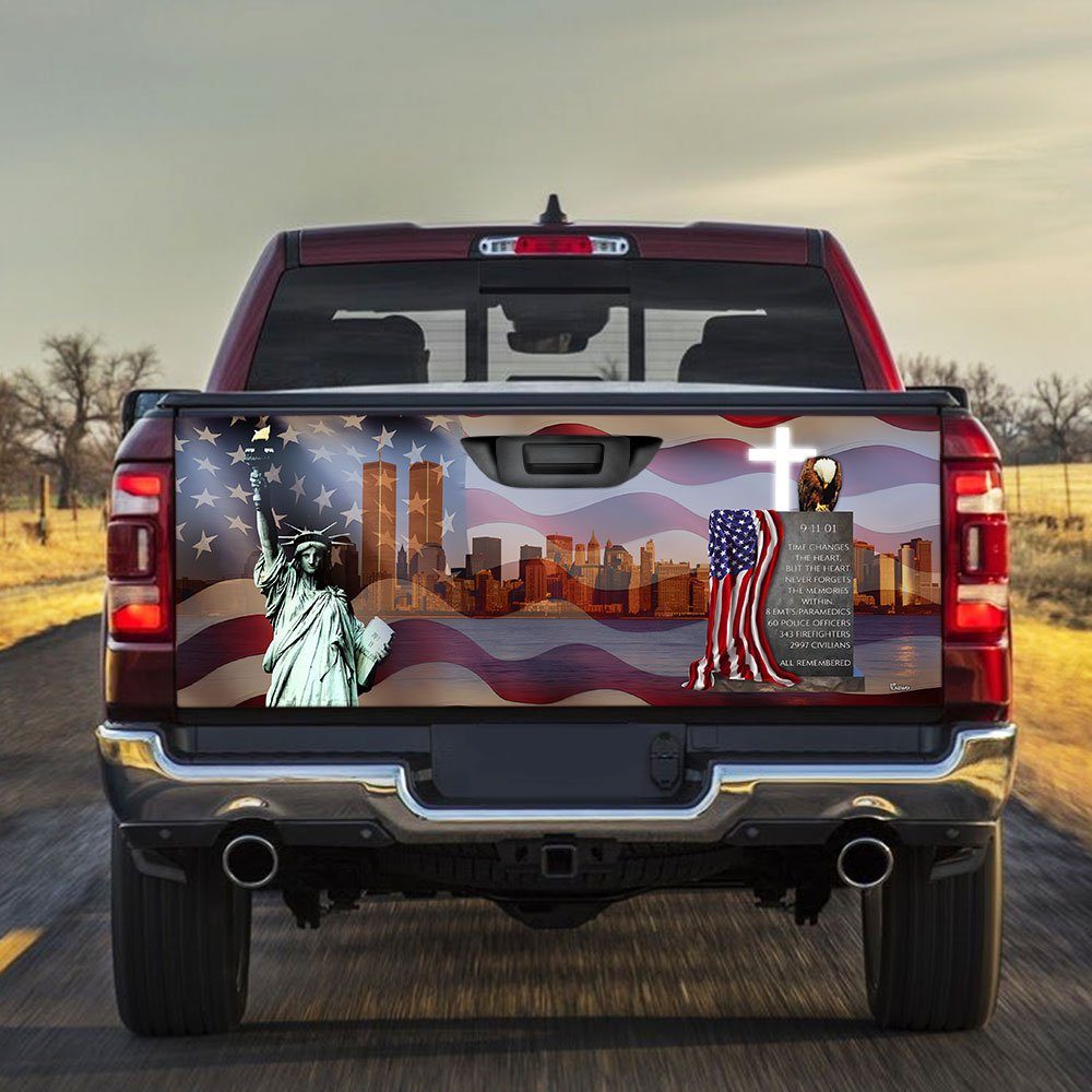 911 Flag The Heart Never Forgets The Memories Within Patriot Day 9.11 Truck Tailgate Decal Sticker Wrap MBH65F