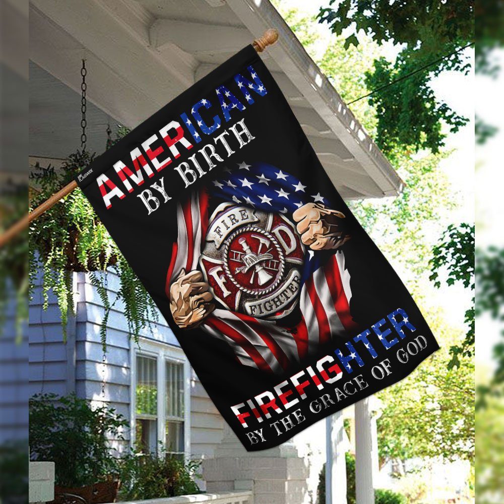 American By Birth Firefighter By The Grace Of God Flag - Image 3