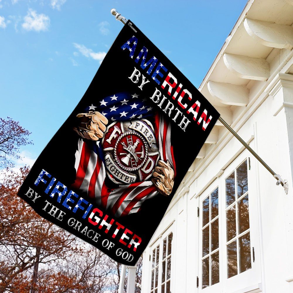 American By Birth Firefighter By The Grace Of God Flag - Image 2