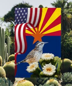 Arizona State Cactus Wren Bird and Saguaro Cactus Flag MLN1141Fv24
