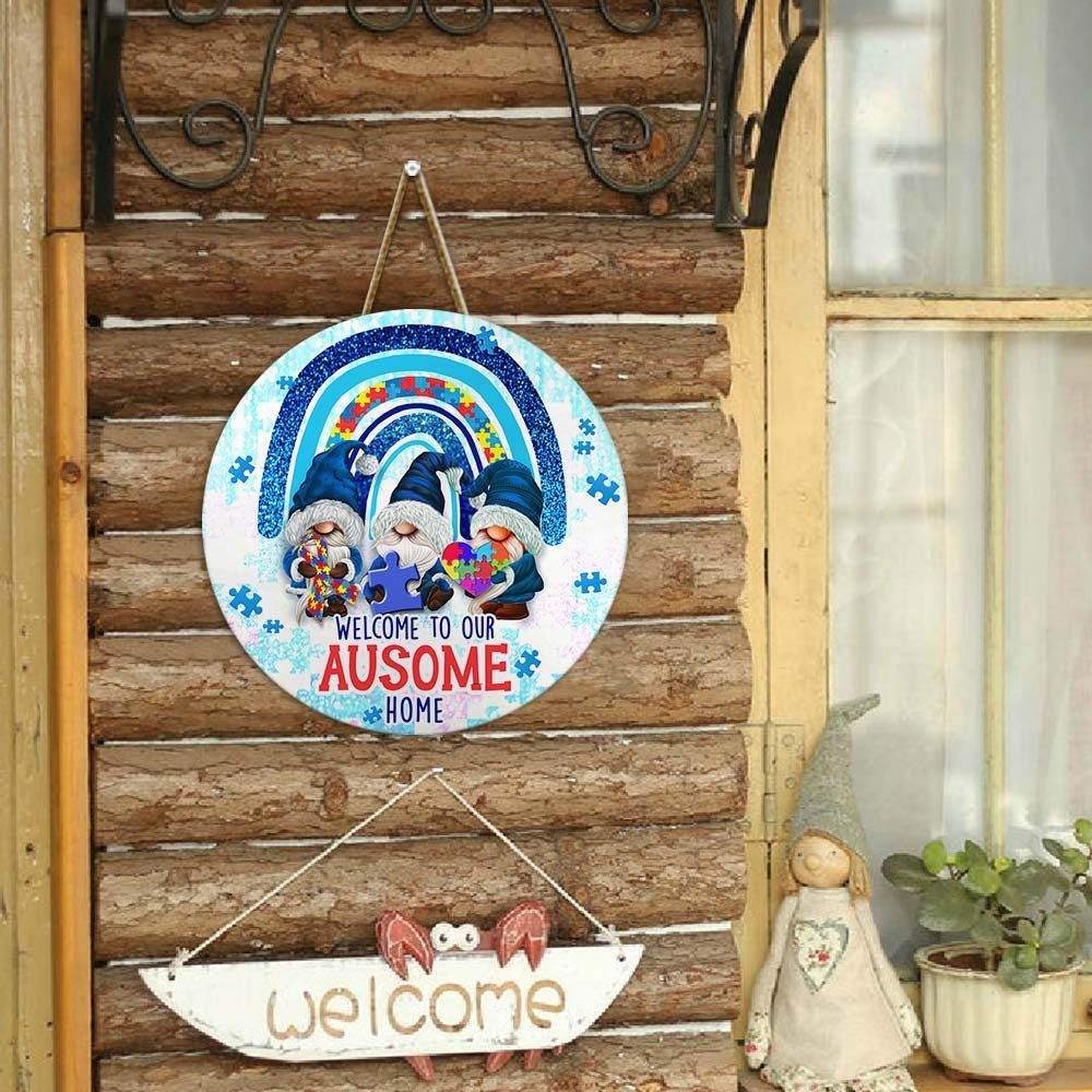 Autism Awareness Gnomes Round Wooden Sign Welcome To Our Ausome Home DBD3370WD - Image 3