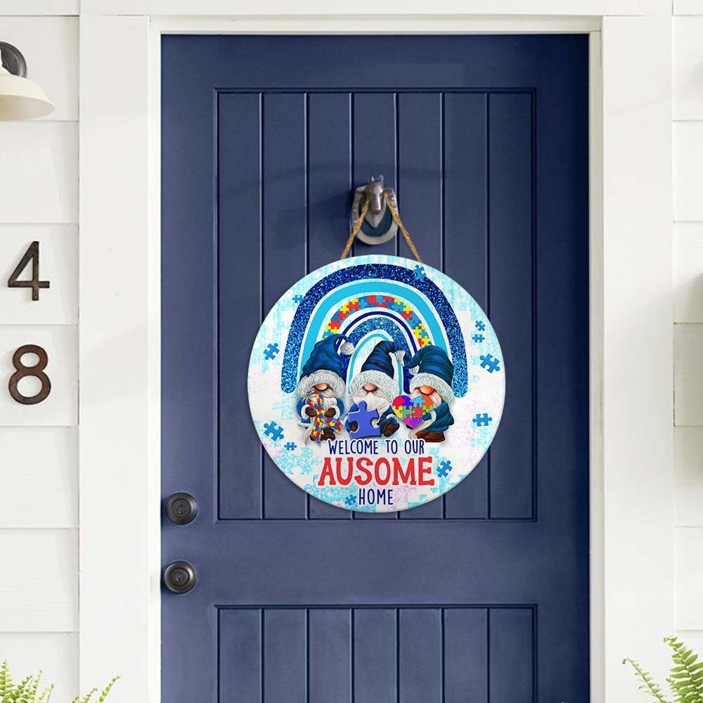 Autism Awareness Gnomes Round Wooden Sign Welcome To Our Ausome Home DBD3370WD - Image 2