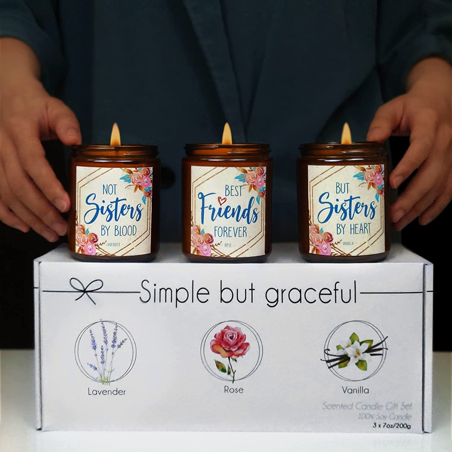Best Friend Birthday Gifts for Women - BFF Gift Boxed Lavender, Vanilla, Rose Candle Set (7oz x3) - Image 4