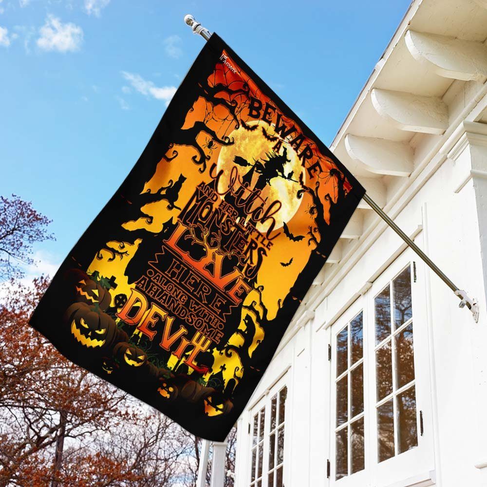 Beware A Witch And Her Little Monsters Live Here Flag - Image 3