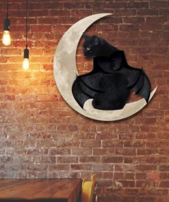 Black Cat Halloween Hanging Metal Sign Black Cat With Bat Wings And Moon QNK879MSb