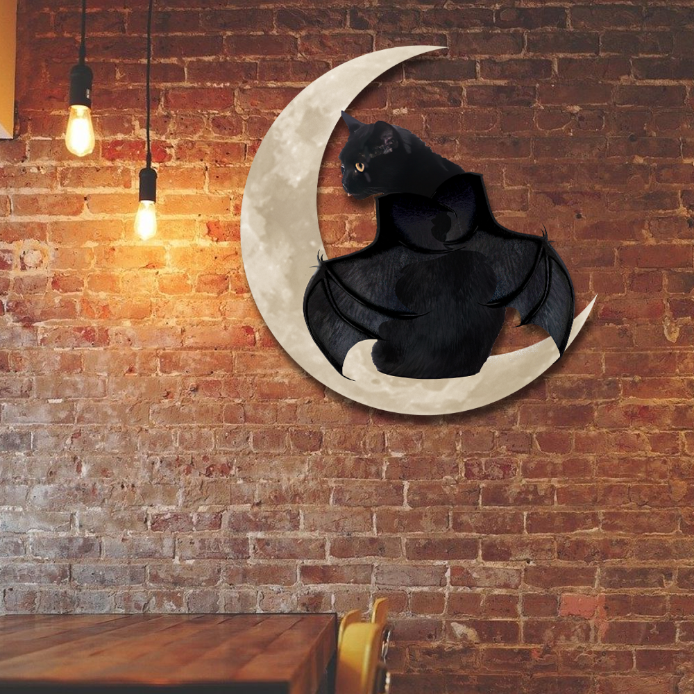 Black Cat Halloween Hanging Metal Sign Black Cat With Bat Wings And Moon QNK879MSb