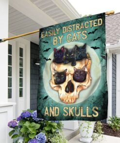 Black Cat Skull Halloween Flag Easily Distracted By Cats And Skulls QNN561F