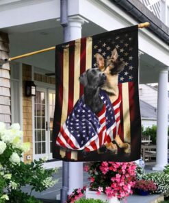 Black Labrador Retriever And German Shepherd American Patriot Flag