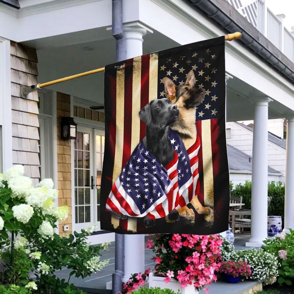 Black Labrador Retriever And German Shepherd American Patriot Flag