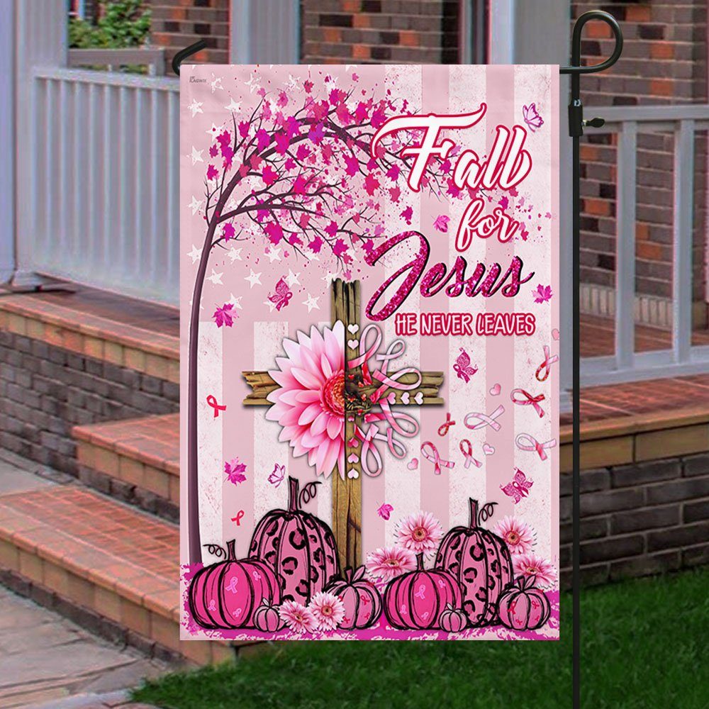 Breast Cancer Awareness Flag Fall For Jesus He Never Leaves MLH1846F - Image 4
