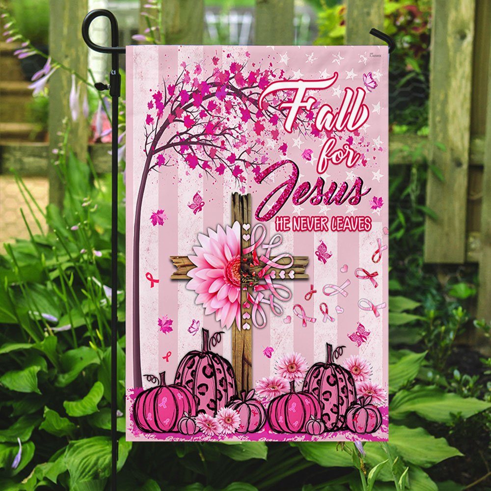 Breast Cancer Awareness Flag Fall For Jesus He Never Leaves MLH1846F - Image 5