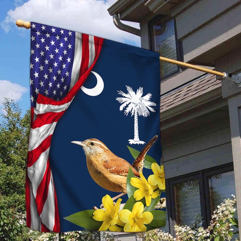 Carolina Wren Bird and Yellow Jessamine Flower, South Carolina American Flag TPT928Fv2 - Image 2