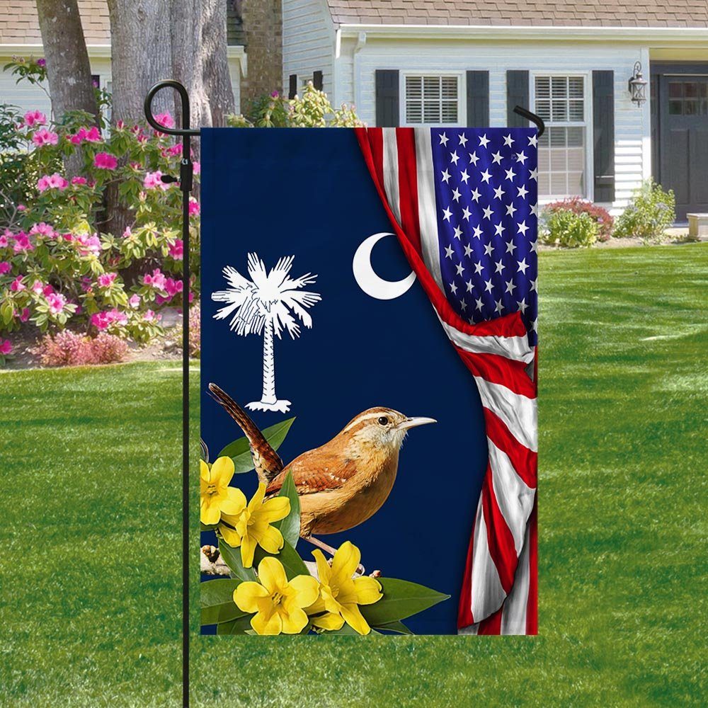 Carolina Wren Bird and Yellow Jessamine Flower, South Carolina American Flag TPT928Fv2 - Image 4