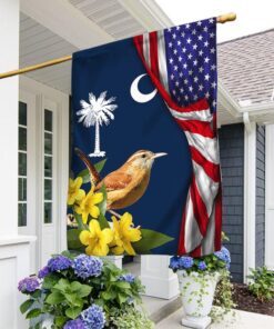 Carolina Wren Bird and Yellow Jessamine Flower, South Carolina American Flag TPT928Fv2