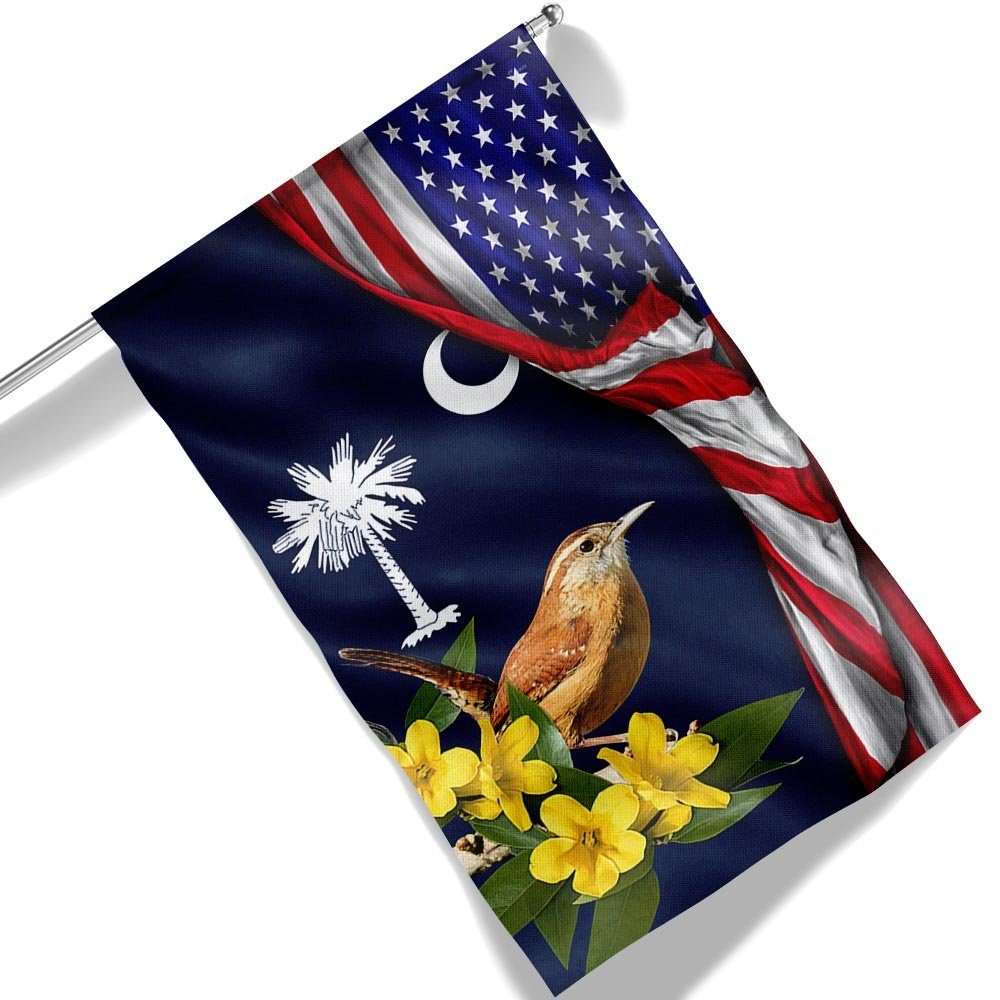 Carolina Wren Bird and Yellow Jessamine Flower, South Carolina American Flag TPT928Fv2 - Image 6