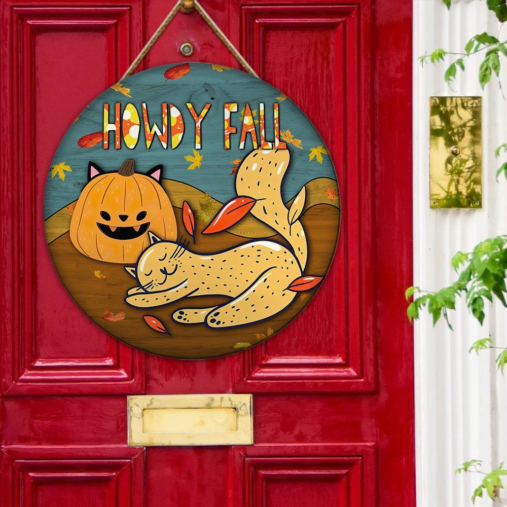 Cat Round Door Sign Happy Autumn Howdy Fall LNT514WD - Image 7