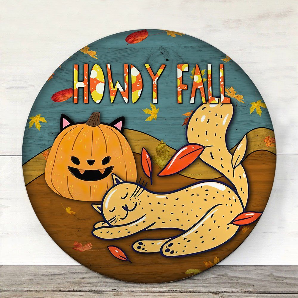 Cat Round Door Sign Happy Autumn Howdy Fall LNT514WD - Image 2