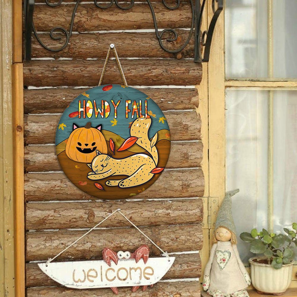 Cat Round Door Sign Happy Autumn Howdy Fall LNT514WD - Image 5