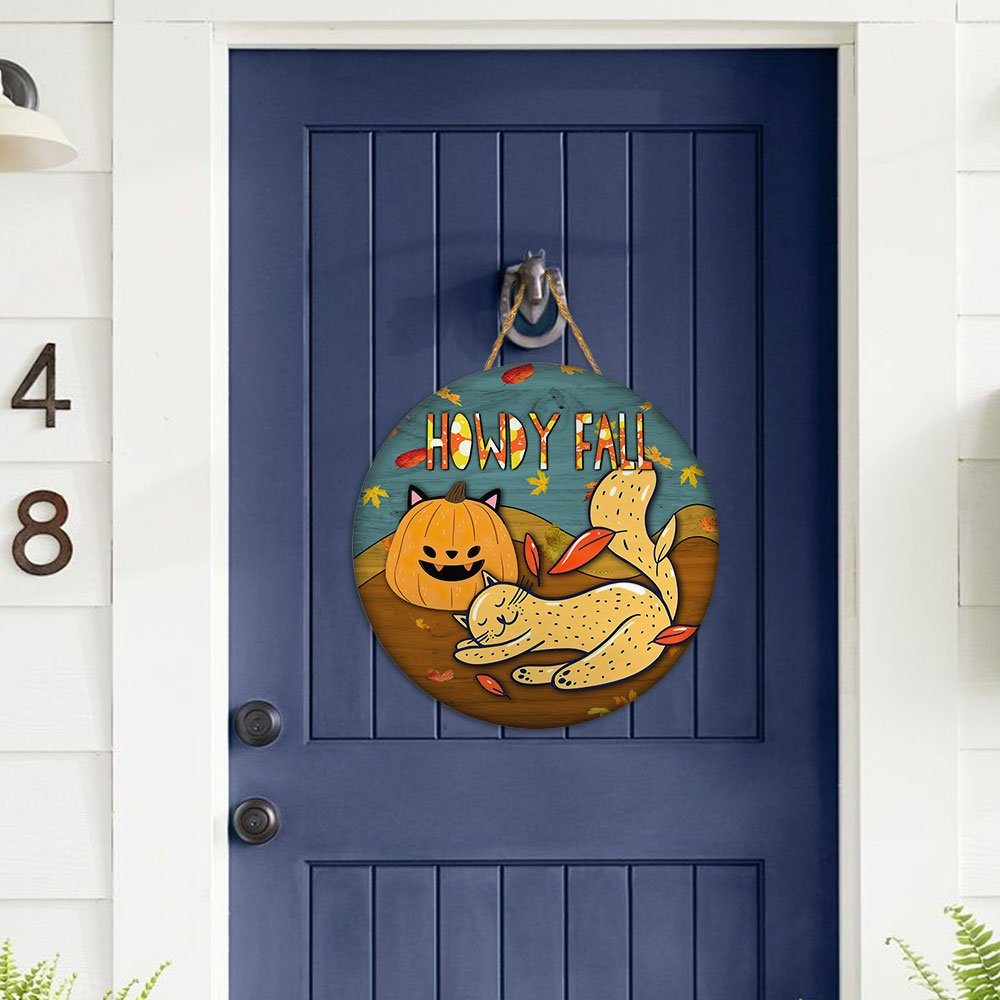 Cat Round Door Sign Happy Autumn Howdy Fall LNT514WD - Image 3