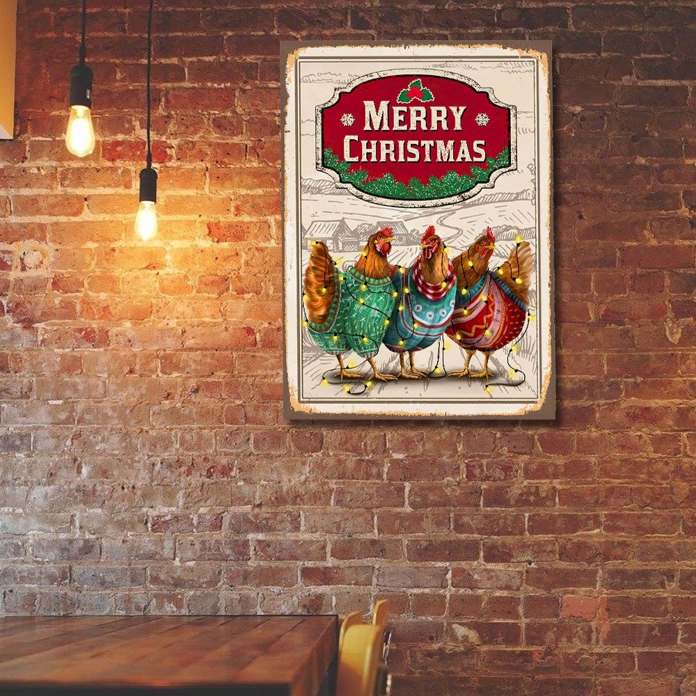 Chicken Christmas Hanging Metal Sign Three Hens With Light Vintage TQN662MS - Image 2