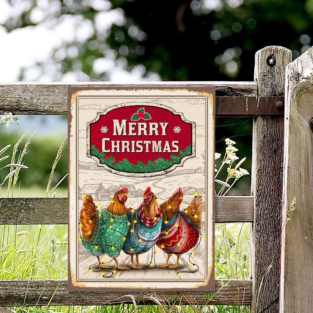 Chicken Christmas Hanging Metal Sign Three Hens With Light Vintage TQN662MS