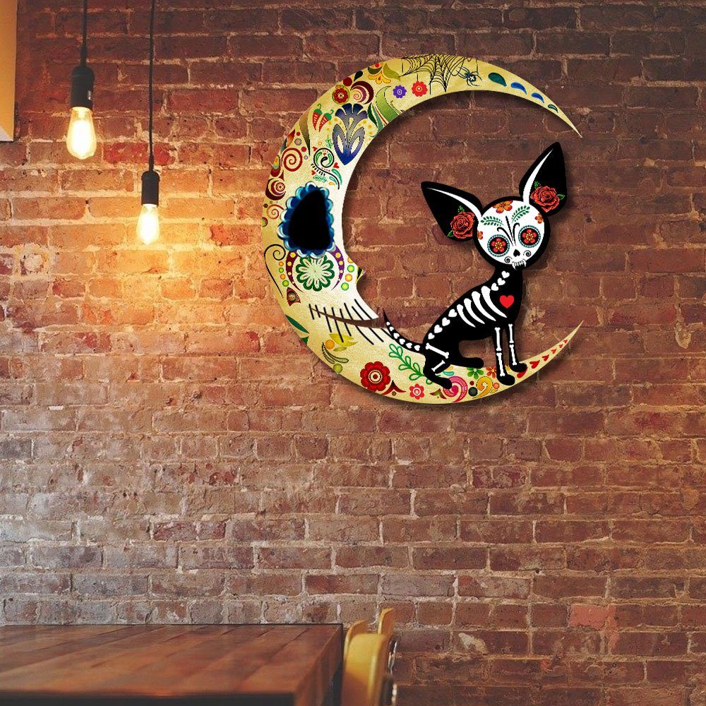 Chihuahua On The Moon Sugar Skull Hanging Metal Sign QNN678MSv1