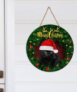 Christmas Cat Door Hanger Merry Christmas Black Cat Wooden Sign TRV1578WD