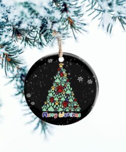 Christmas Circle Ceramic Ornament Dog Paws Christmas Tree Merry Woofmas TTV416O