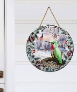 Christmas Hummingbird Round Wooden Sign  Decor NTB159WDv3
