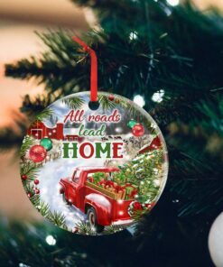 Christmas Round Ceramic Ornament Red Truck All Roads Lead Home DBD2884O