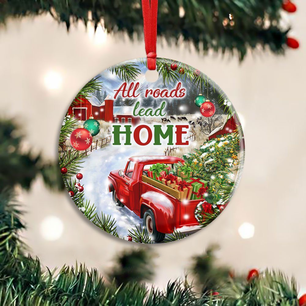 Christmas Round Ceramic Ornament Red Truck All Roads Lead Home DBD2884O - Image 2
