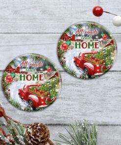 christmas round ceramic ornament red truck all roads lead home dbd2884o 4912