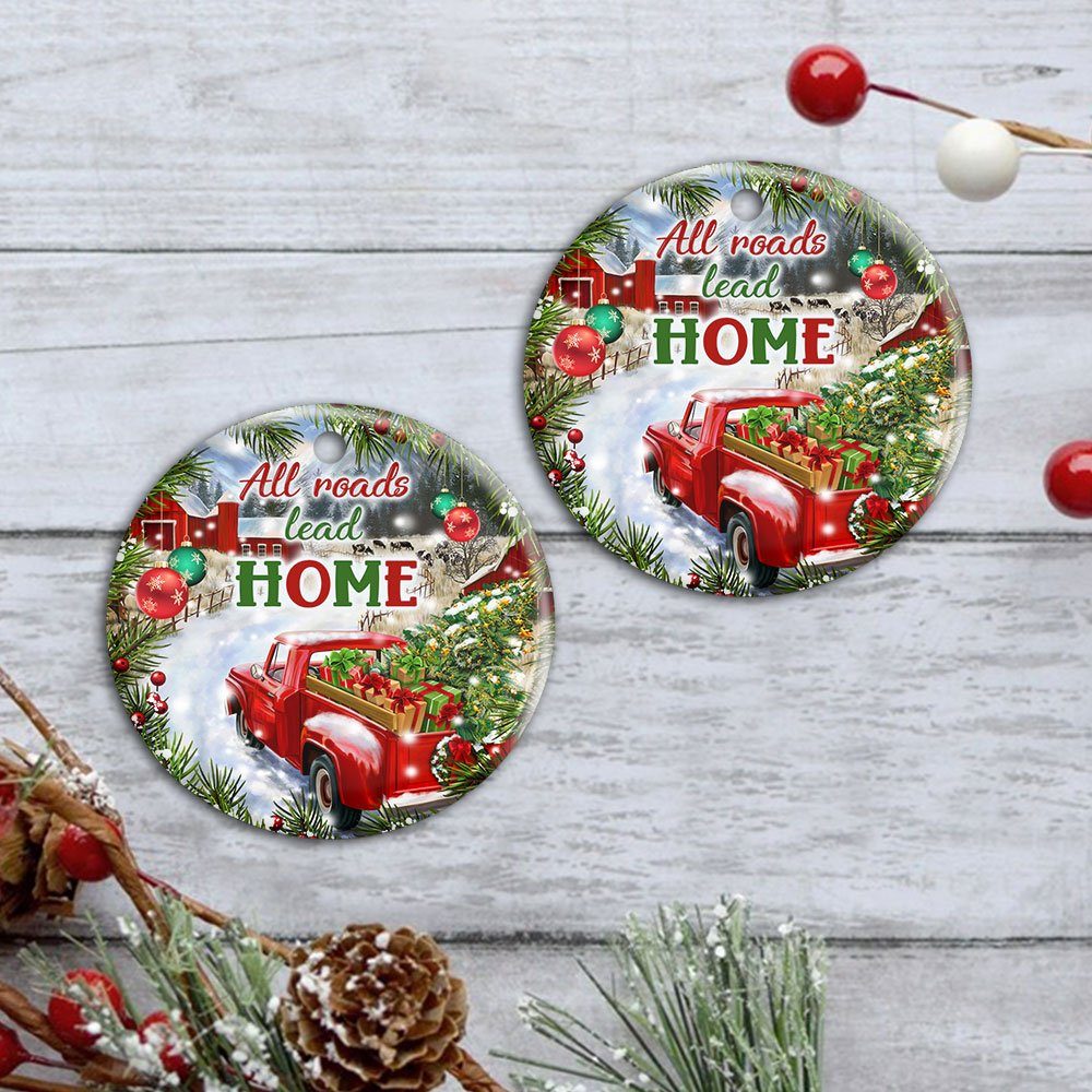 Christmas Round Ceramic Ornament Red Truck All Roads Lead Home DBD2884O - Image 4