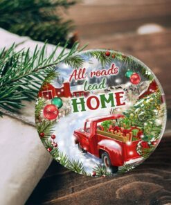 christmas round ceramic ornament red truck all roads lead home dbd2884o 8851