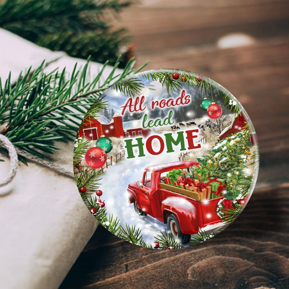 Christmas Round Ceramic Ornament Red Truck All Roads Lead Home DBD2884O - Image 3