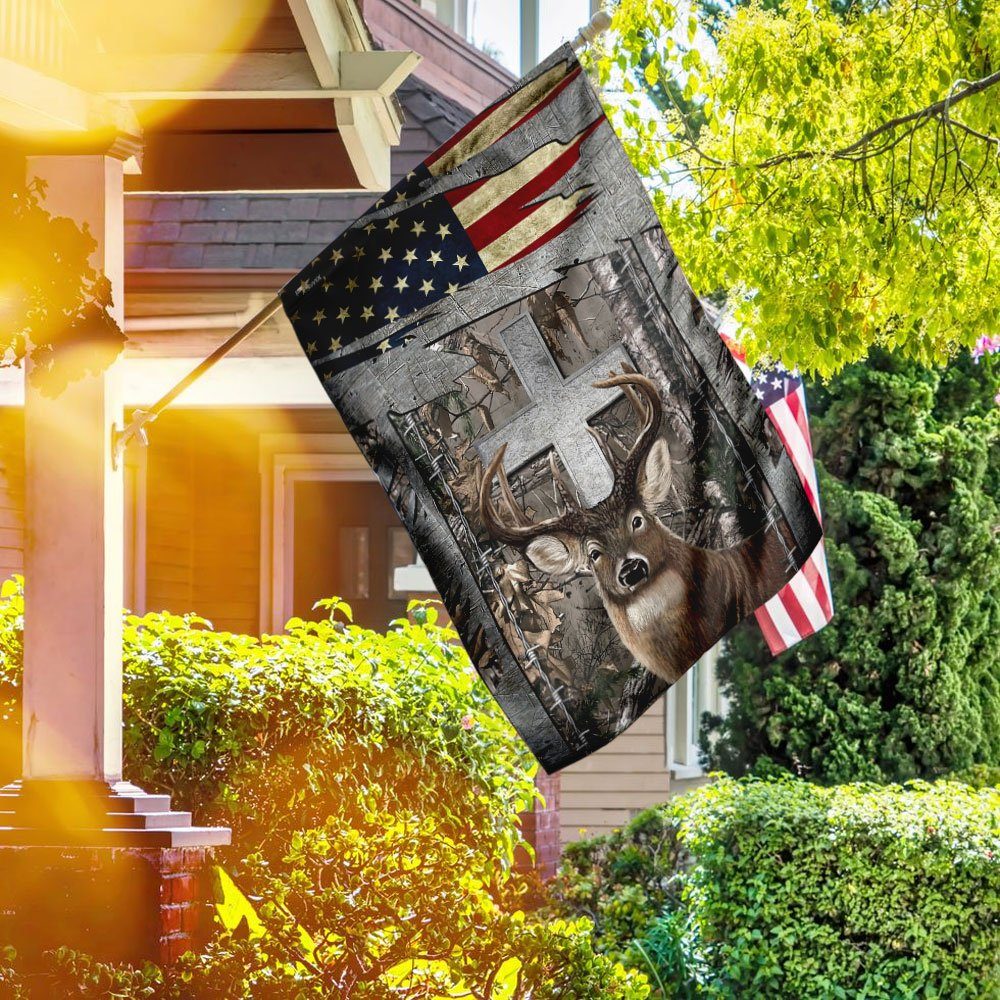 Deer Hunting Jesus Cross American US Flag