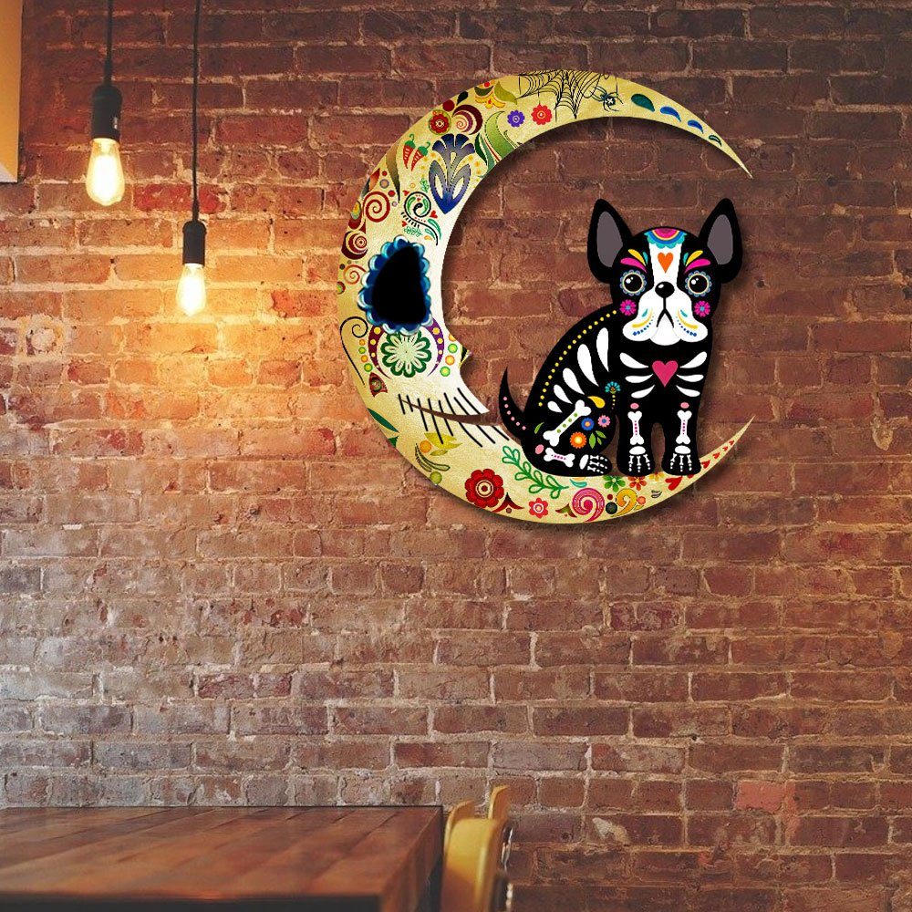 French Bulldog On The Moon Sugar Skull Hanging Metal Sign QNN678MSv2