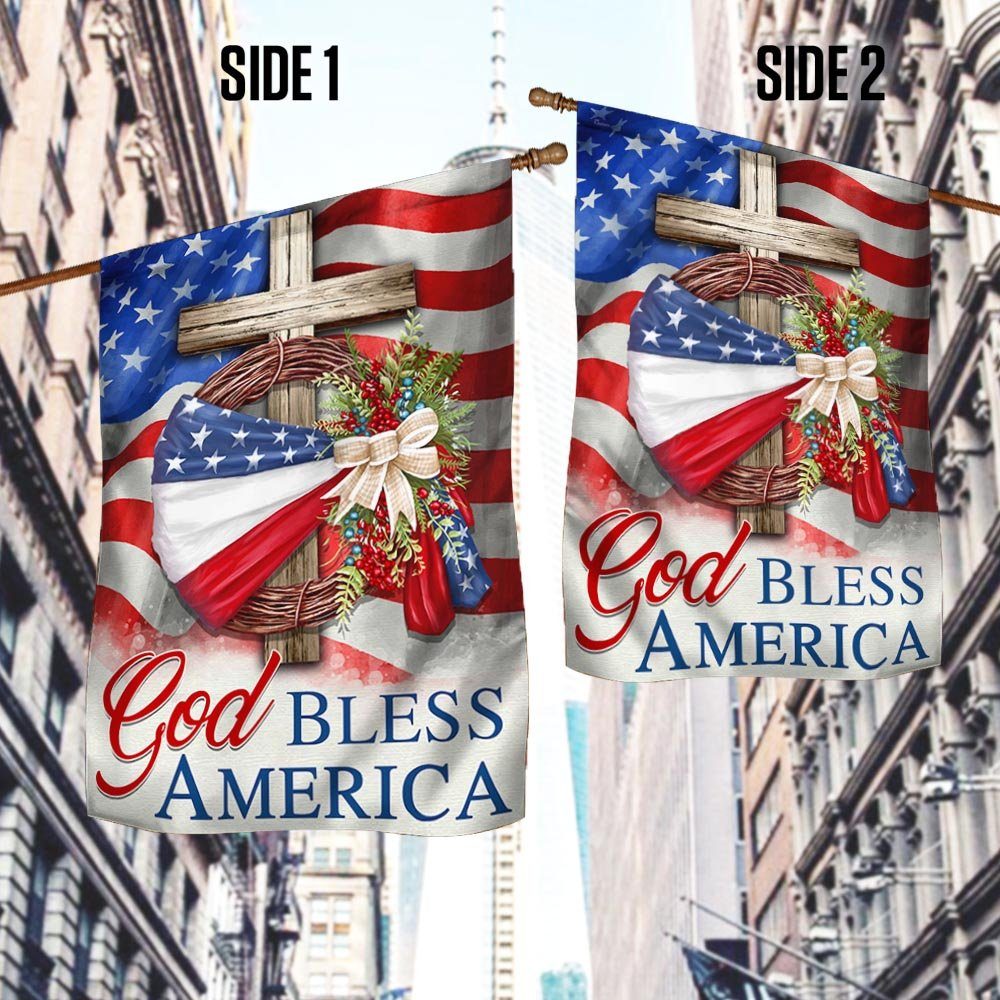 God Bless America American Wreath Patriot Christian Cross Flag MLN1410F - Image 2