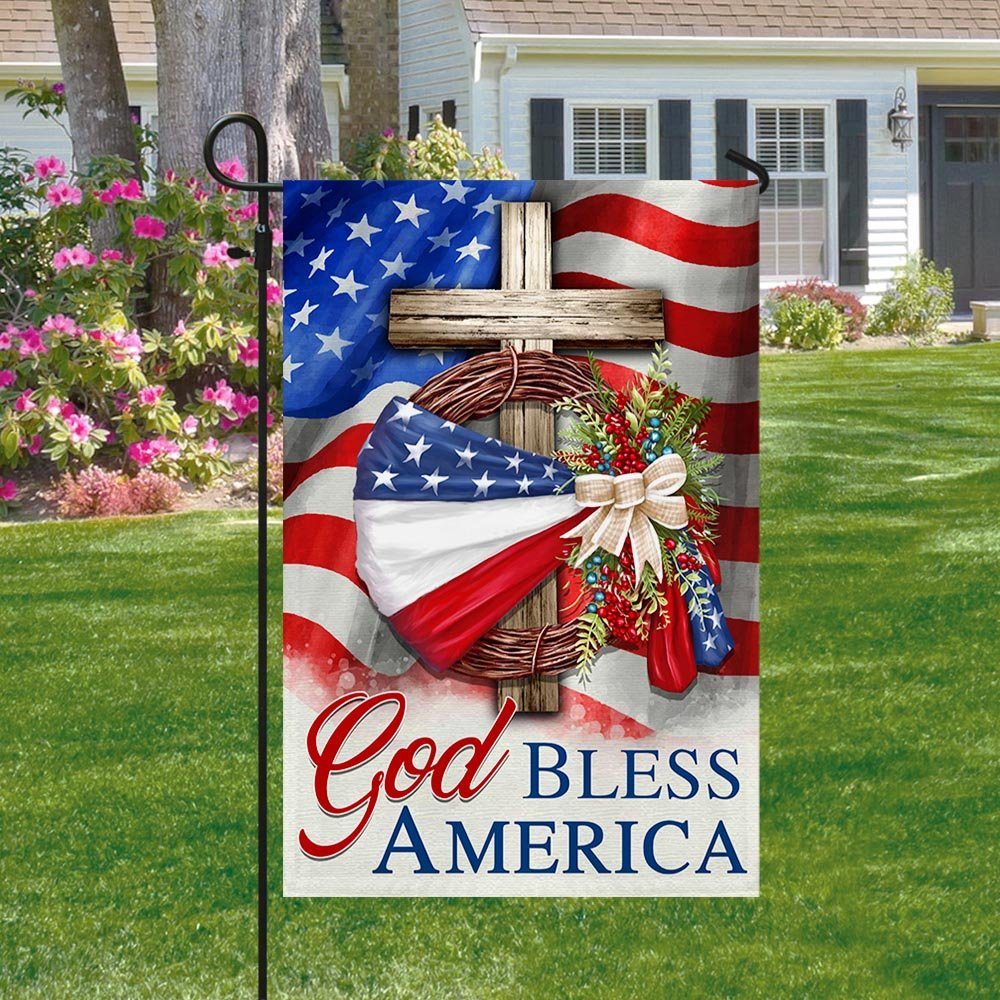 God Bless America American Wreath Patriot Christian Cross Flag MLN1410F - Image 3