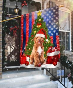 Goldendoodle. Merry Christmas American Flag