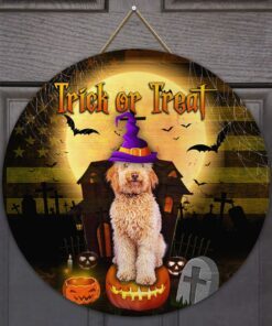 Goldendoodle Trick Or Treat Halloween Round Wooden Sign QNN06WD