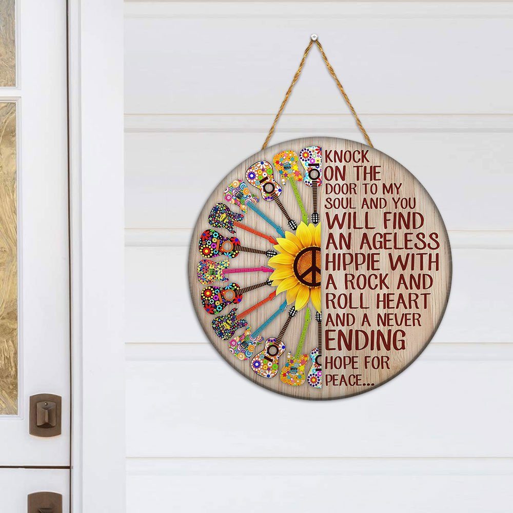 Guitars Hippie Round Wooden Sign Knock On The Door To My Soul QNK861WD - Image 3