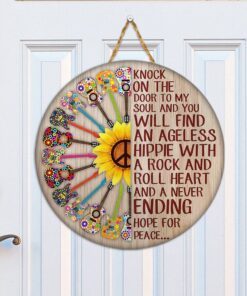 guitars hippie round wooden sign knock on the door to my soul qnk861wd 8615