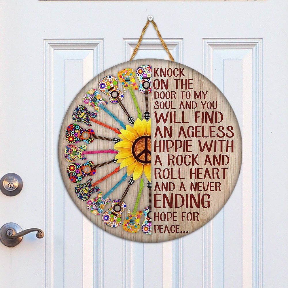 Guitars Hippie Round Wooden Sign Knock On The Door To My Soul QNK861WD - Image 4