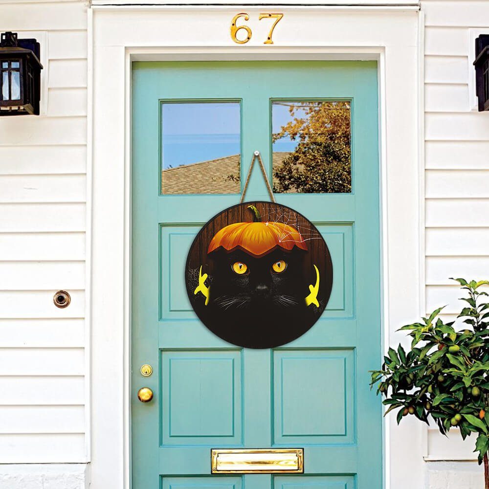 Halloween Decor Black Cat Round Wooden Sign ANT112WD - Image 5