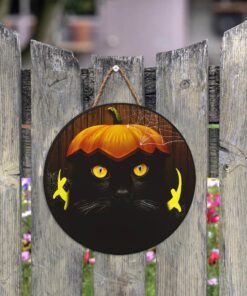 halloween decor black cat round wooden sign ant112wd 2123