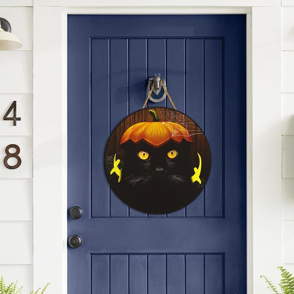 Halloween Decor Black Cat Round Wooden Sign ANT112WD - Image 2