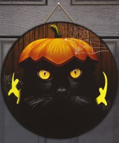 Halloween Decor Black Cat Round Wooden Sign ANT112WD